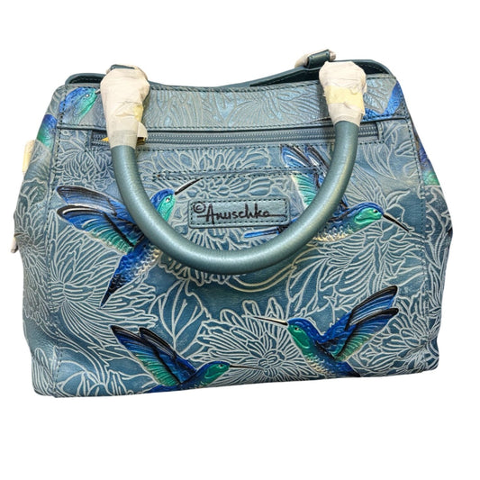 Anuschka Blue Hand-Painted Leather Shoulder Bag Bird Sky