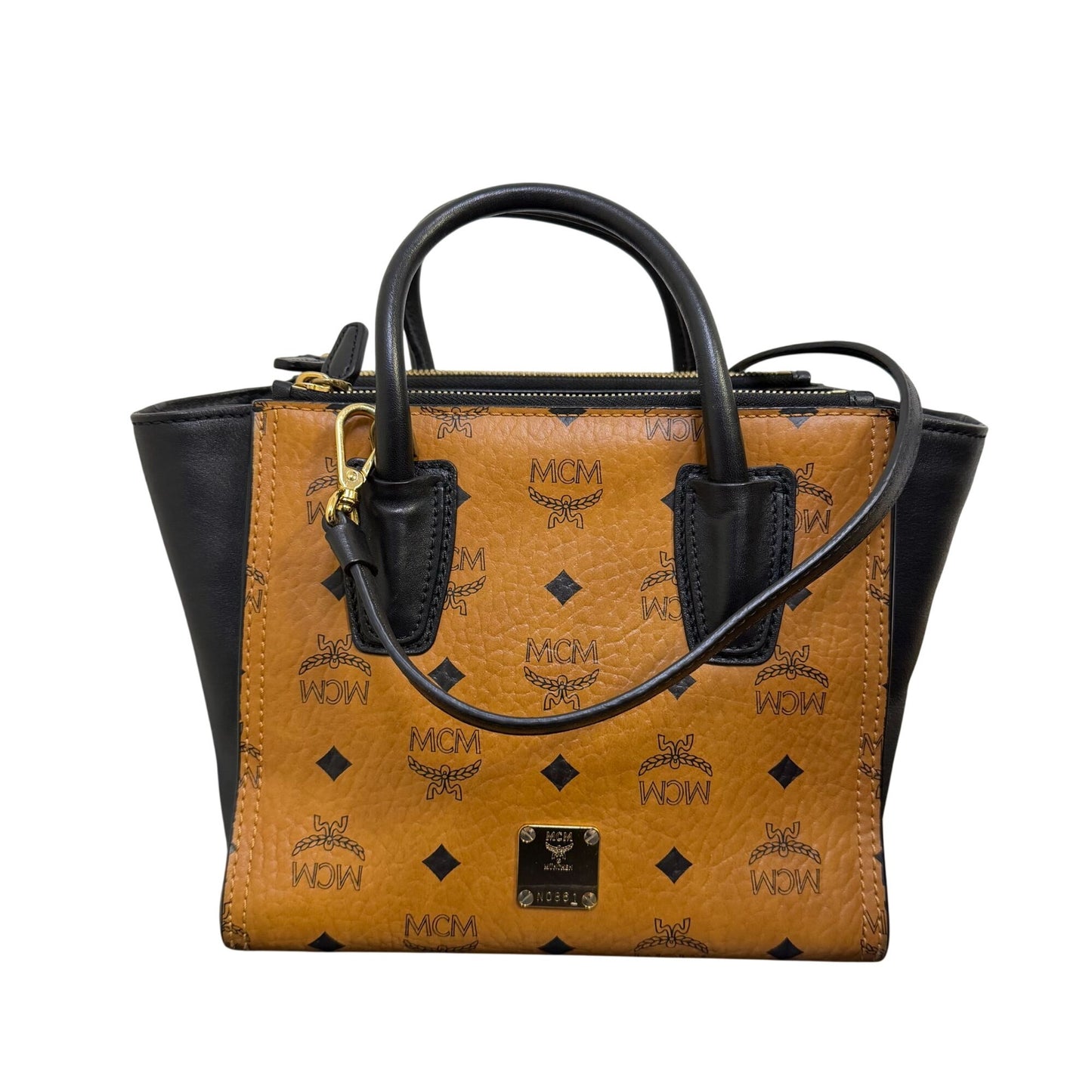 MCM Visetos Mini Tote Handbag Tan/Black Adjustable Crossbody Strap