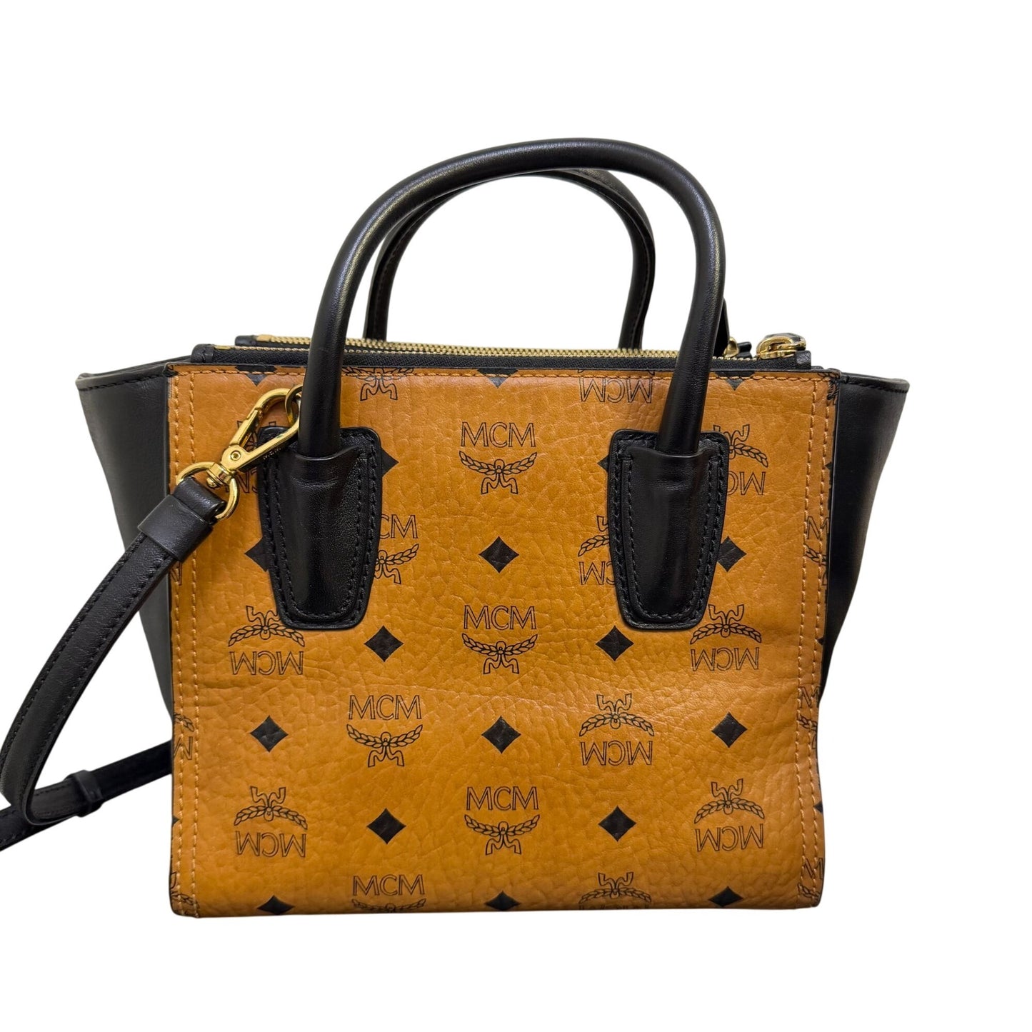 MCM Visetos Mini Tote Handbag Tan/Black Adjustable Crossbody Strap