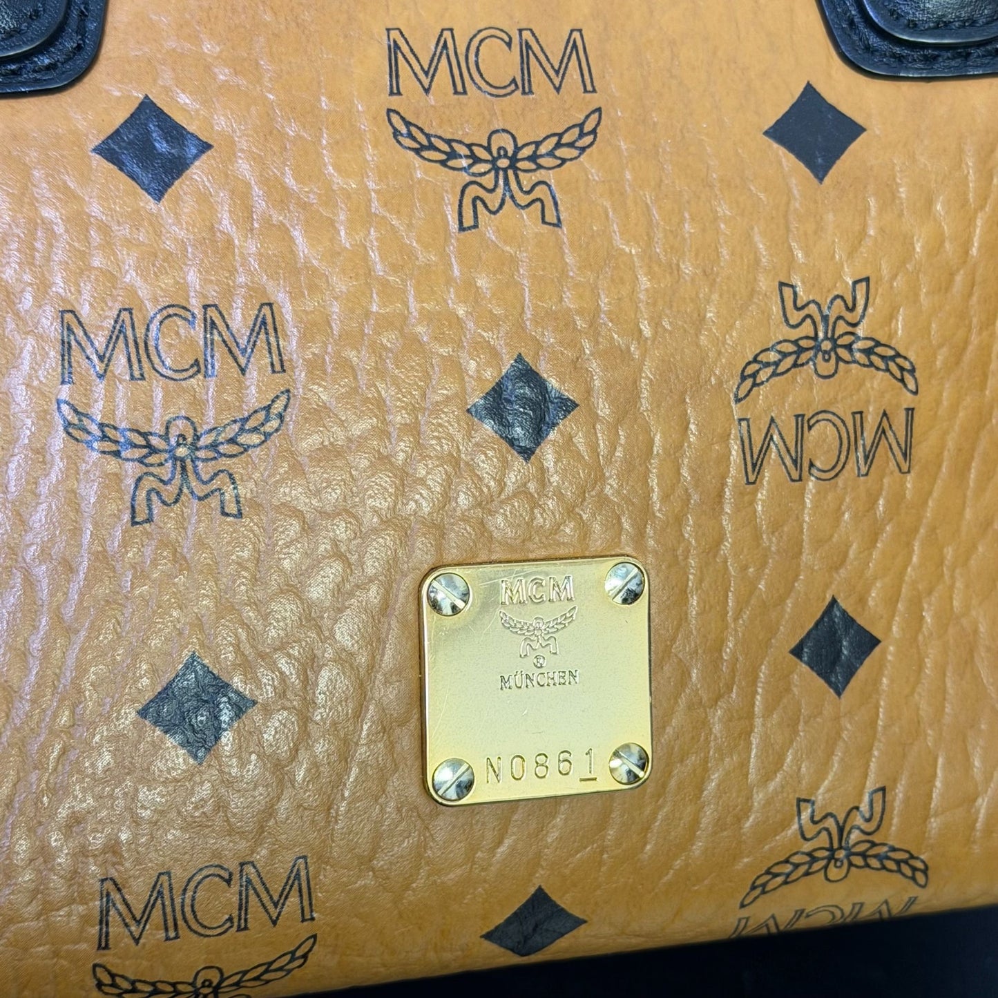 MCM Visetos Mini Tote Handbag Tan/Black Adjustable Crossbody Strap