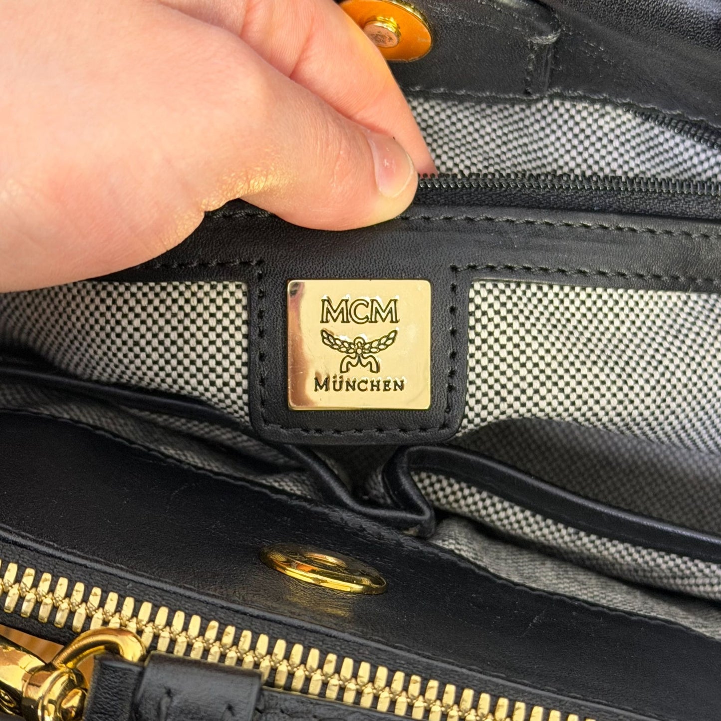 MCM Visetos Mini Tote Handbag Tan/Black Adjustable Crossbody Strap