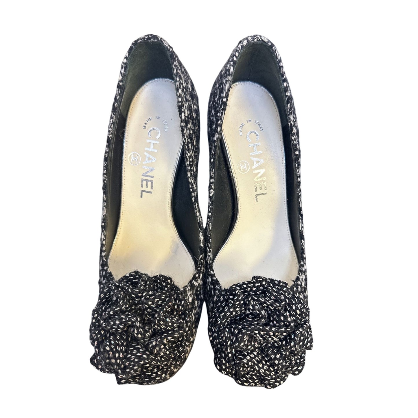 Chanel Black & White Tweed Pump Heels w/Fabric Flower Detail Size 5