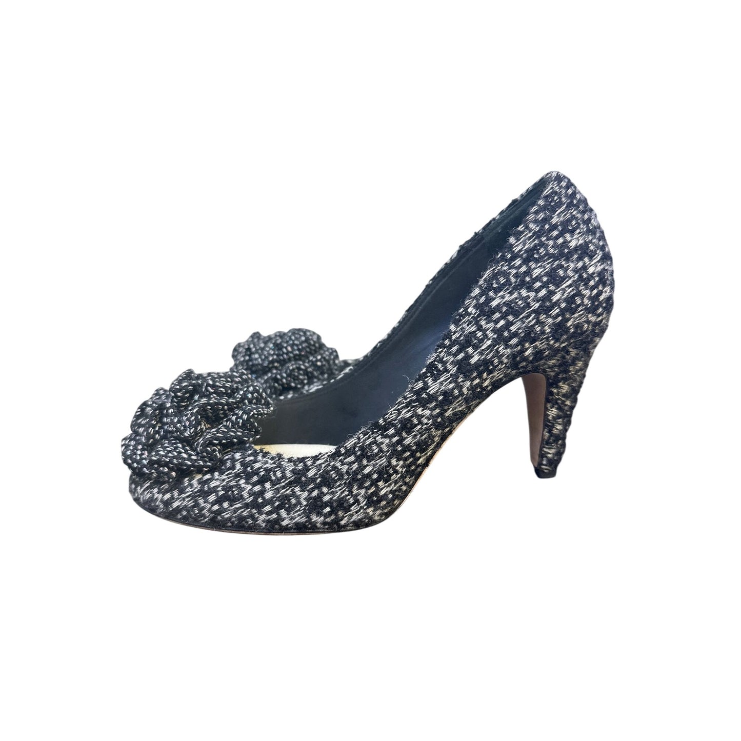 Chanel Black & White Tweed Pump Heels w/Fabric Flower Detail Size 5