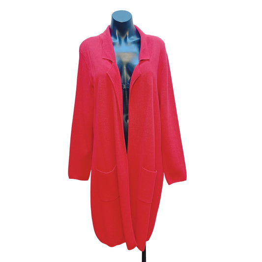 Chicos Renaissance Red Long Collared Mabel Cardigan Sweater With Pockets Size 3 100% Cotton Womens Fashion Layering Piece