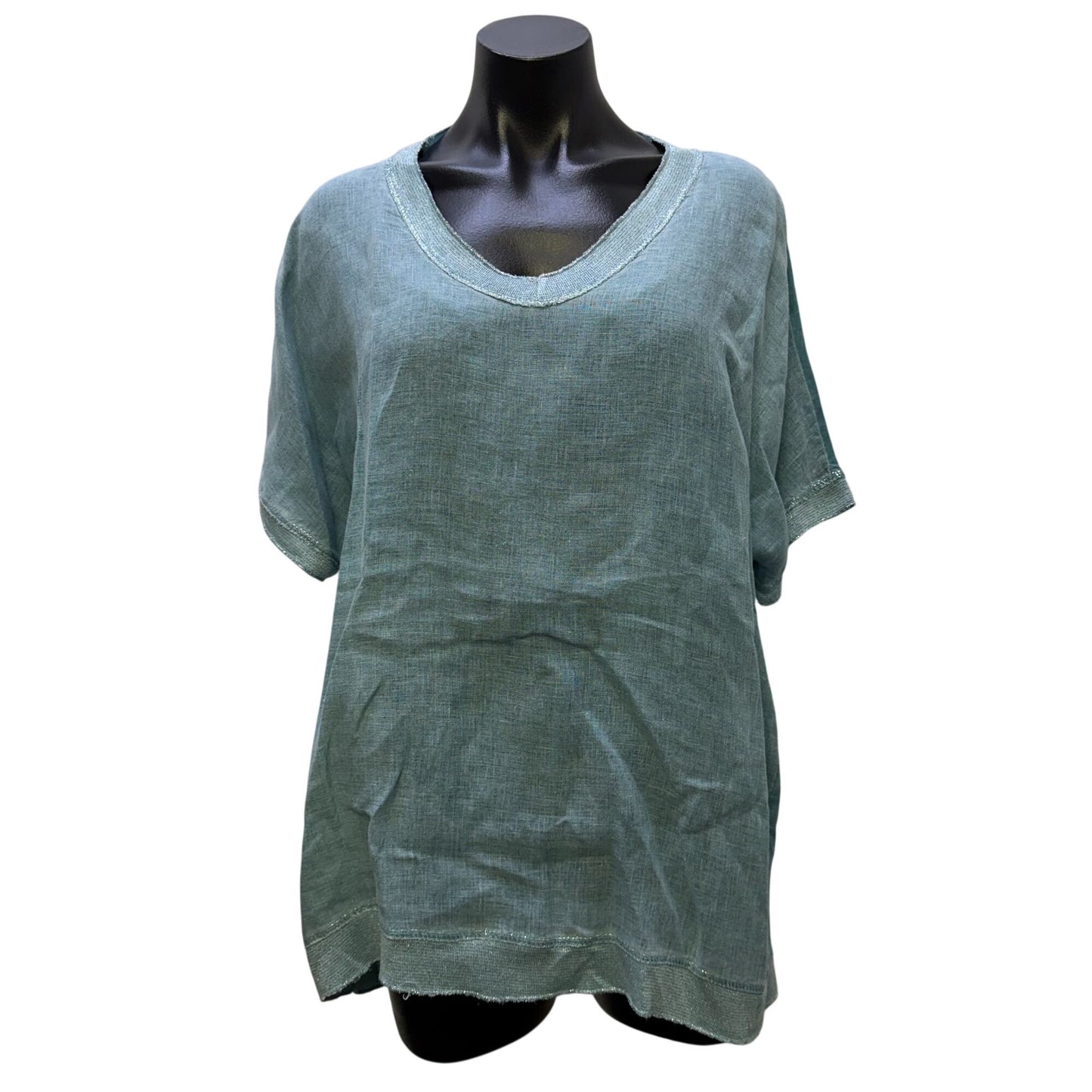 Tempo Paris 100% Linen Blouse Turquoise Made In Italy M
