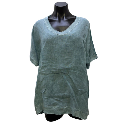 Tempo Paris 100% Linen Blouse Turquoise Made In Italy M