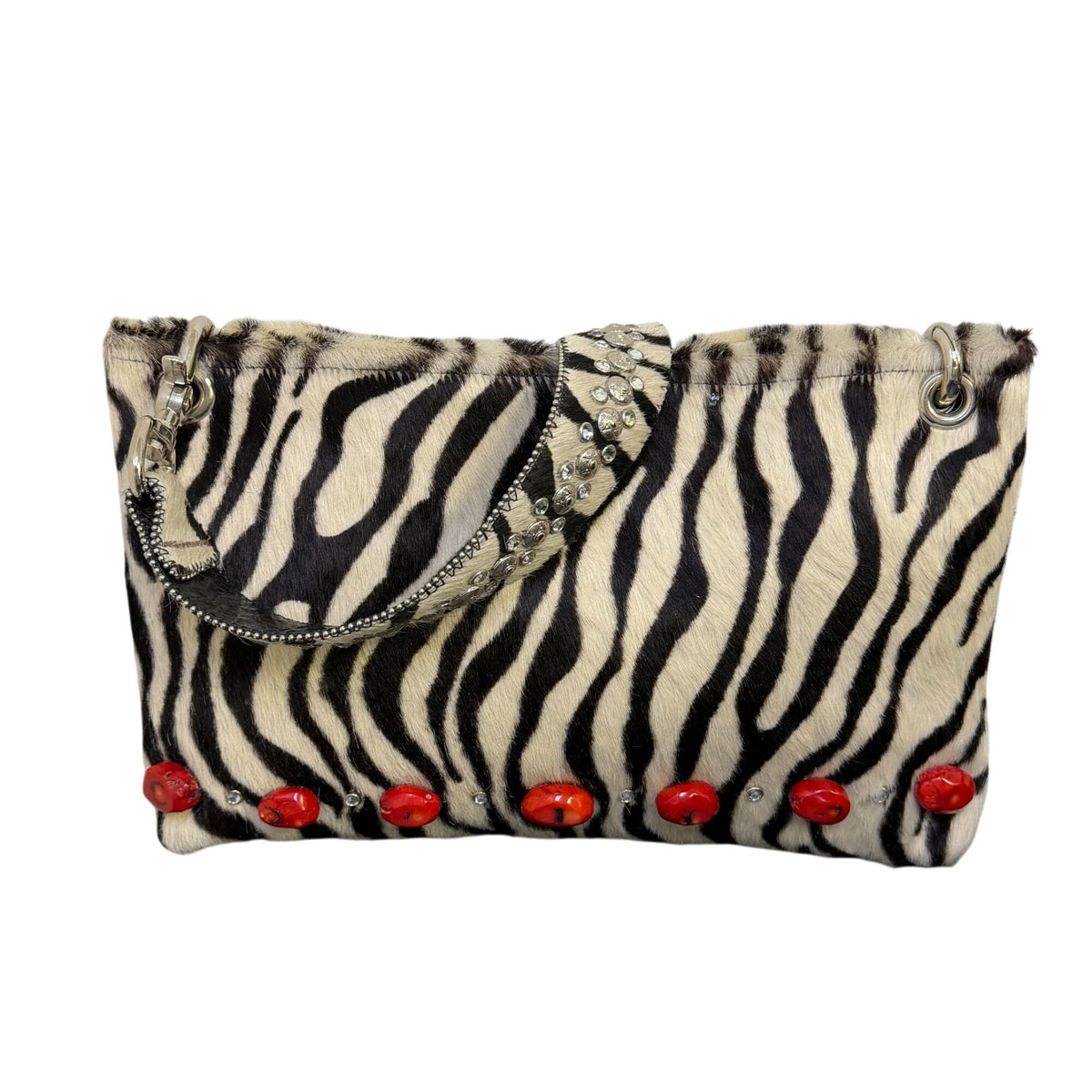 KurtMen Zebra-Print Faux Fur Handbag With Rhinestone Strap & Red Accents
