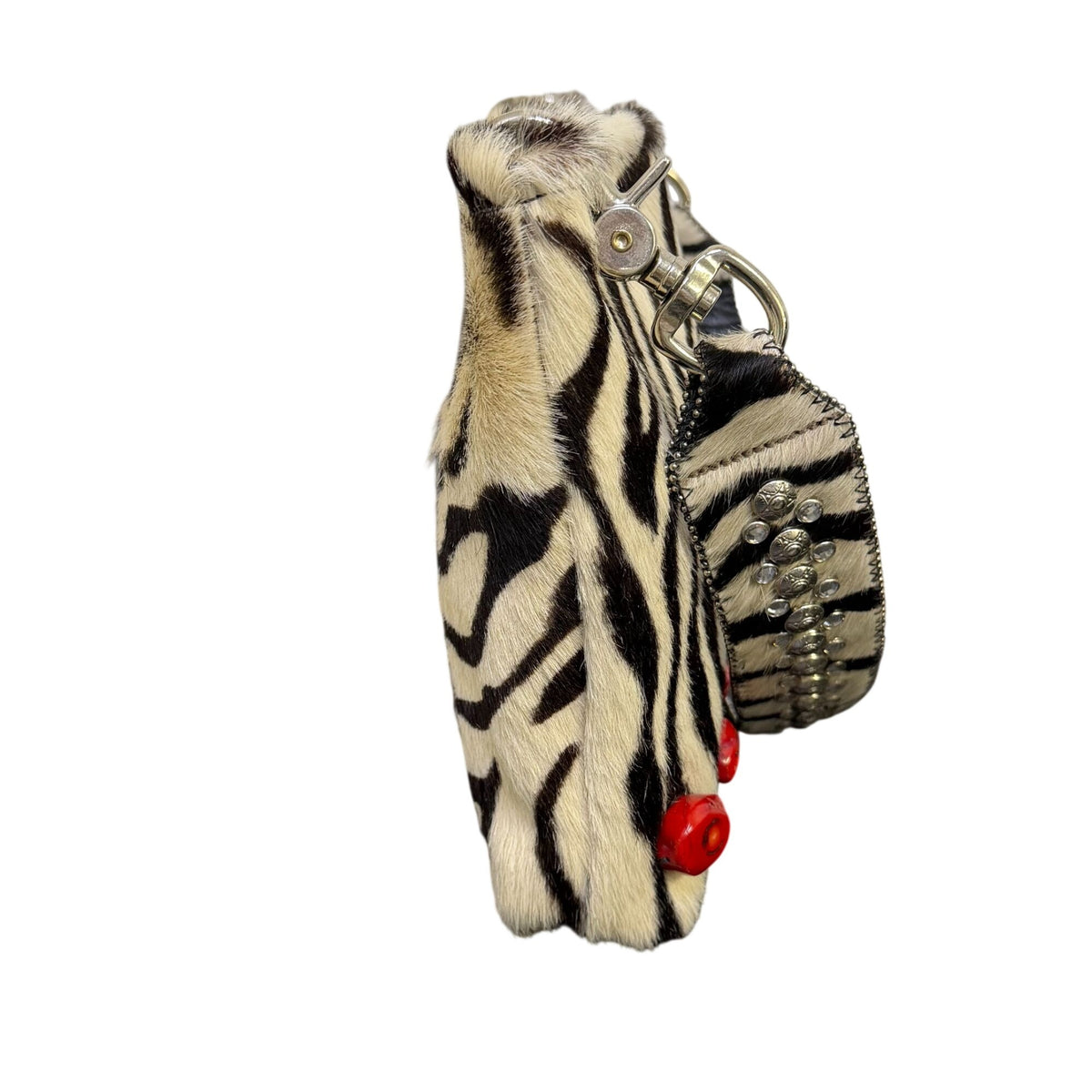 KurtMen Zebra-Print Faux Fur Handbag With Rhinestone Strap & Red Accents
