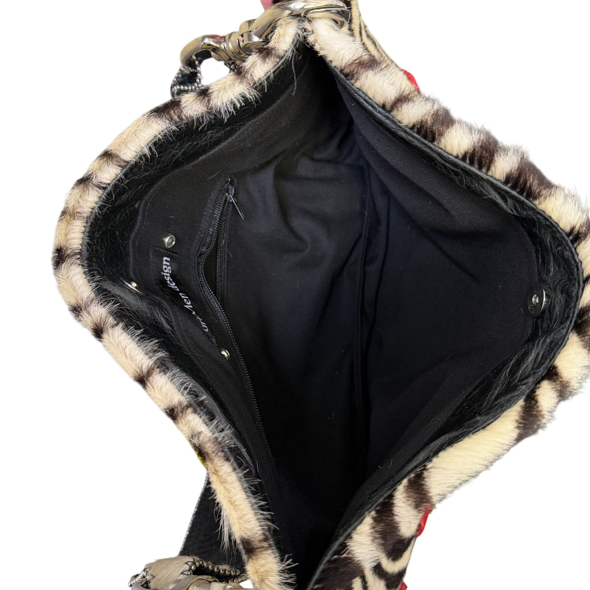 KurtMen Zebra-Print Faux Fur Handbag With Rhinestone Strap & Red Accents