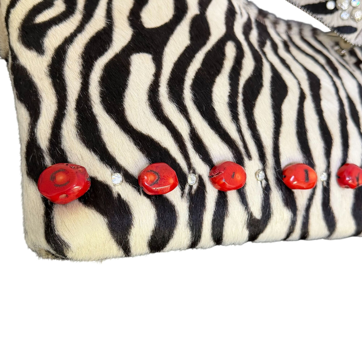 KurtMen Zebra-Print Faux Fur Handbag With Rhinestone Strap & Red Accents
