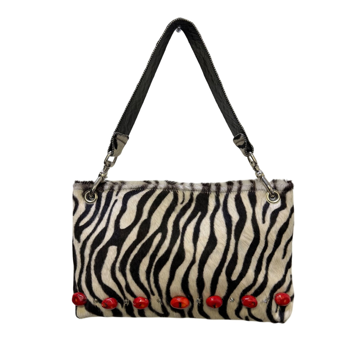 KurtMen Zebra-Print Faux Fur Handbag With Rhinestone Strap & Red Accents