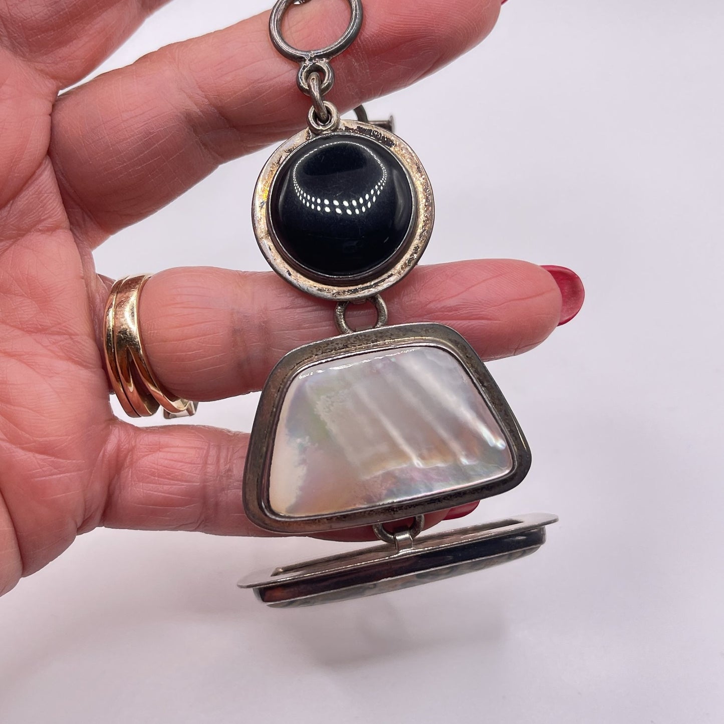 Sterling Silver Bracelet Obsidian Jasper & Mother Of Pearl Inlay Toggle Closure