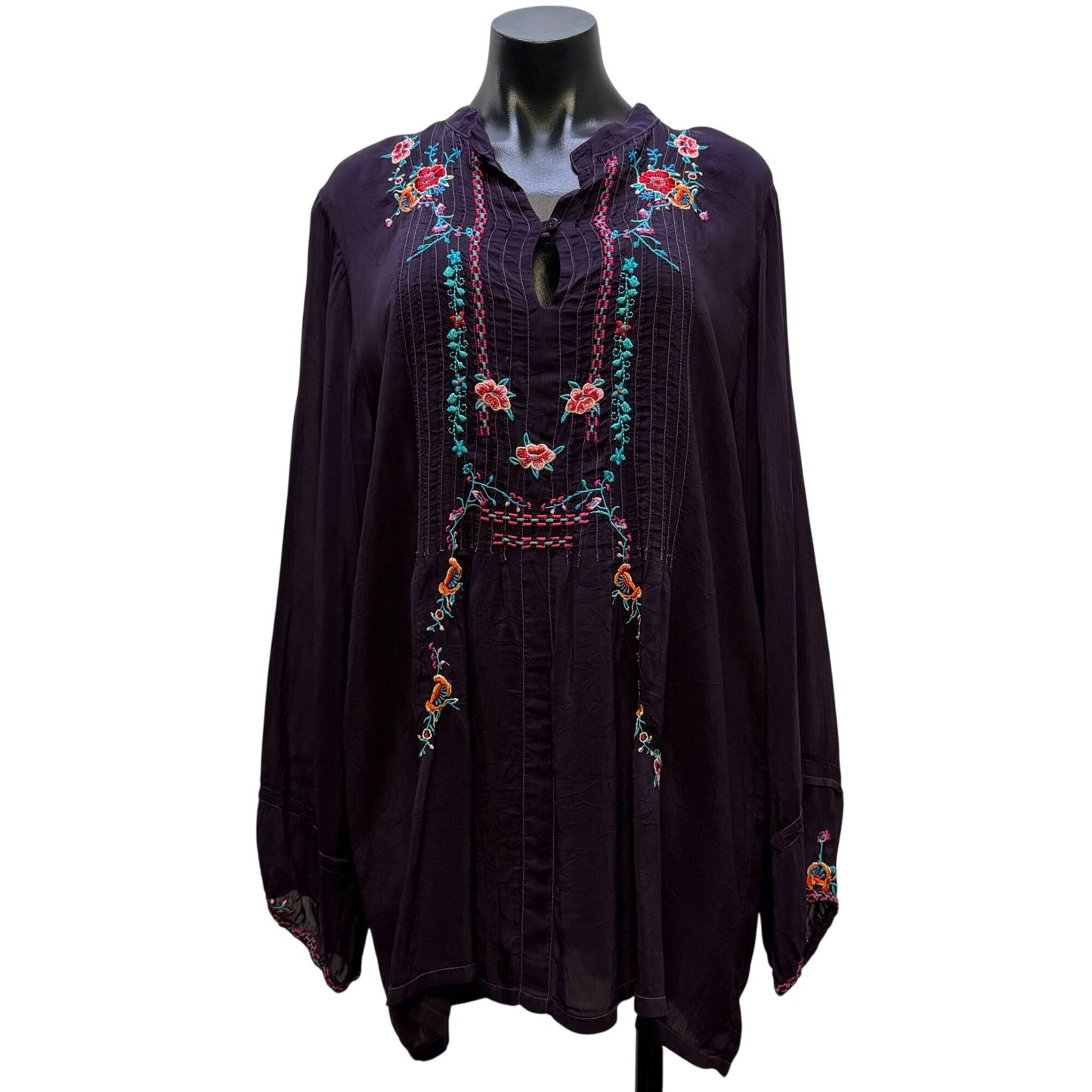 Johnny Was Purple Embroidered Long Sleeve Blouse Keyhole Neck L