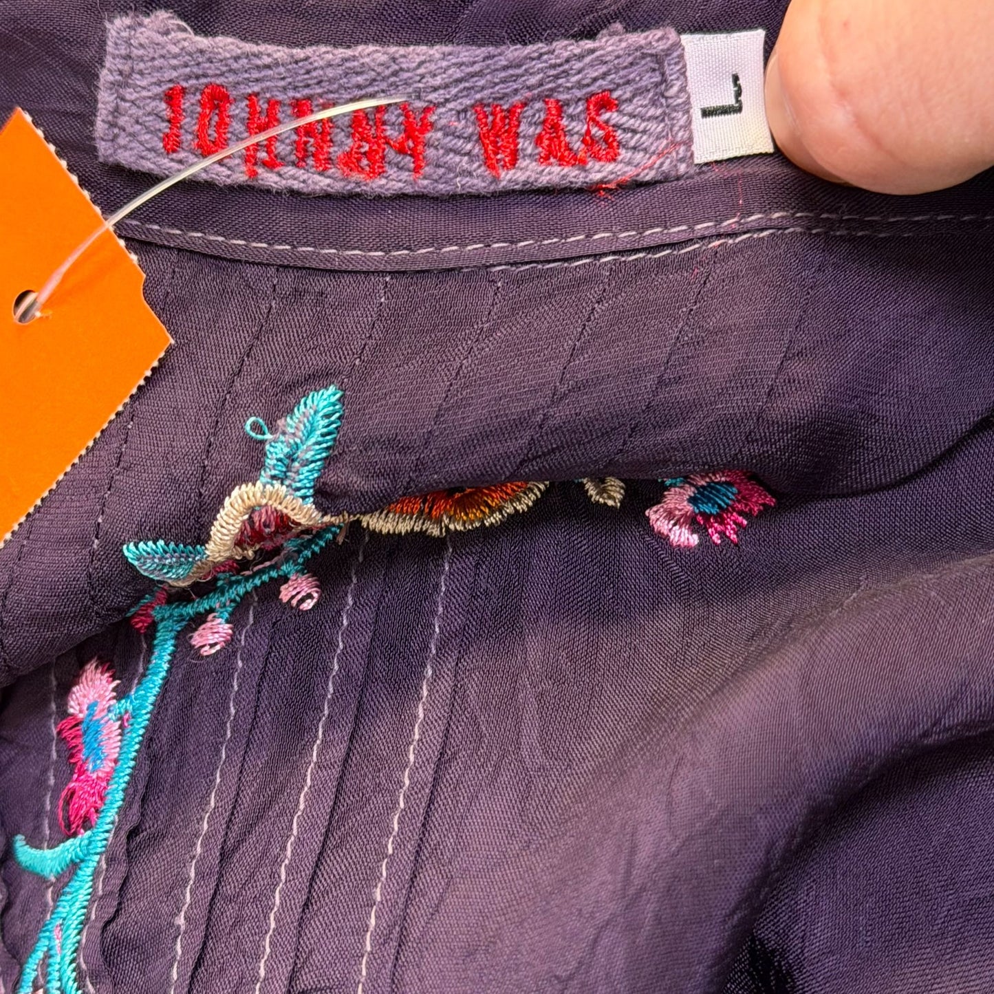 Johnny Was Purple Embroidered Long Sleeve Blouse Keyhole Neck L