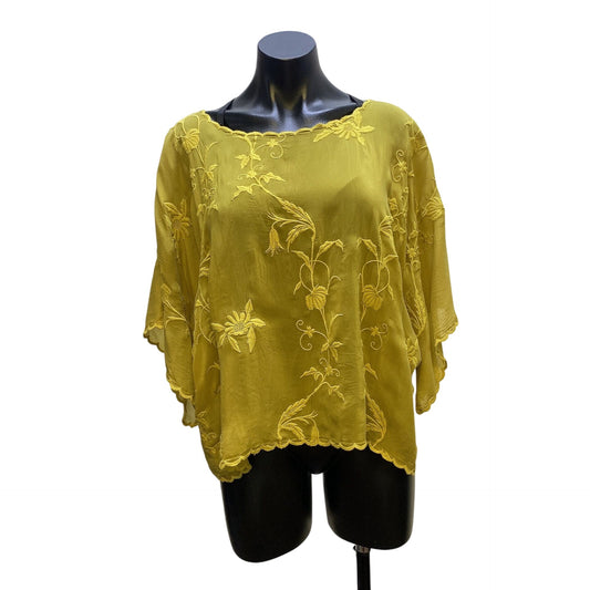 Johnny Was Embroidered Sheer Green Blouse Size M