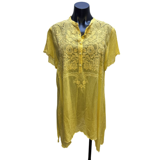 Johnny Was Yellow Embroidered Sheer Tunic Blouse w/Floral Details Size L