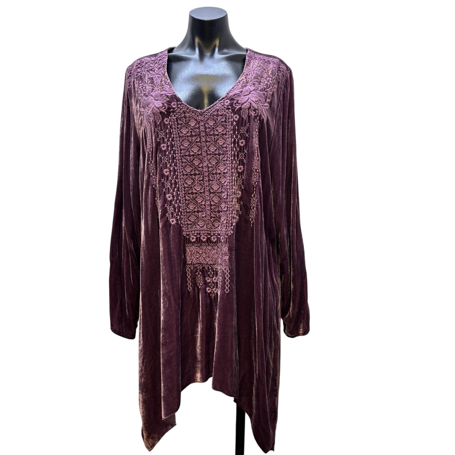 NWT Johnny Was Purple Velvet Embroidered Tunic L Sleeve V-Neck