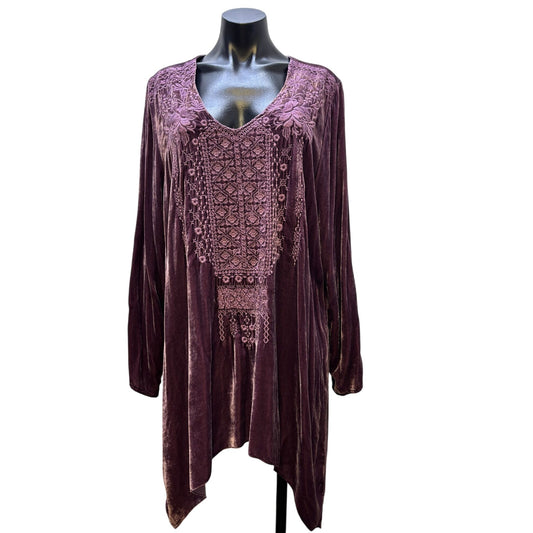 NWT Johnny Was Purple Velvet Embroidered Tunic L Sleeve V-Neck