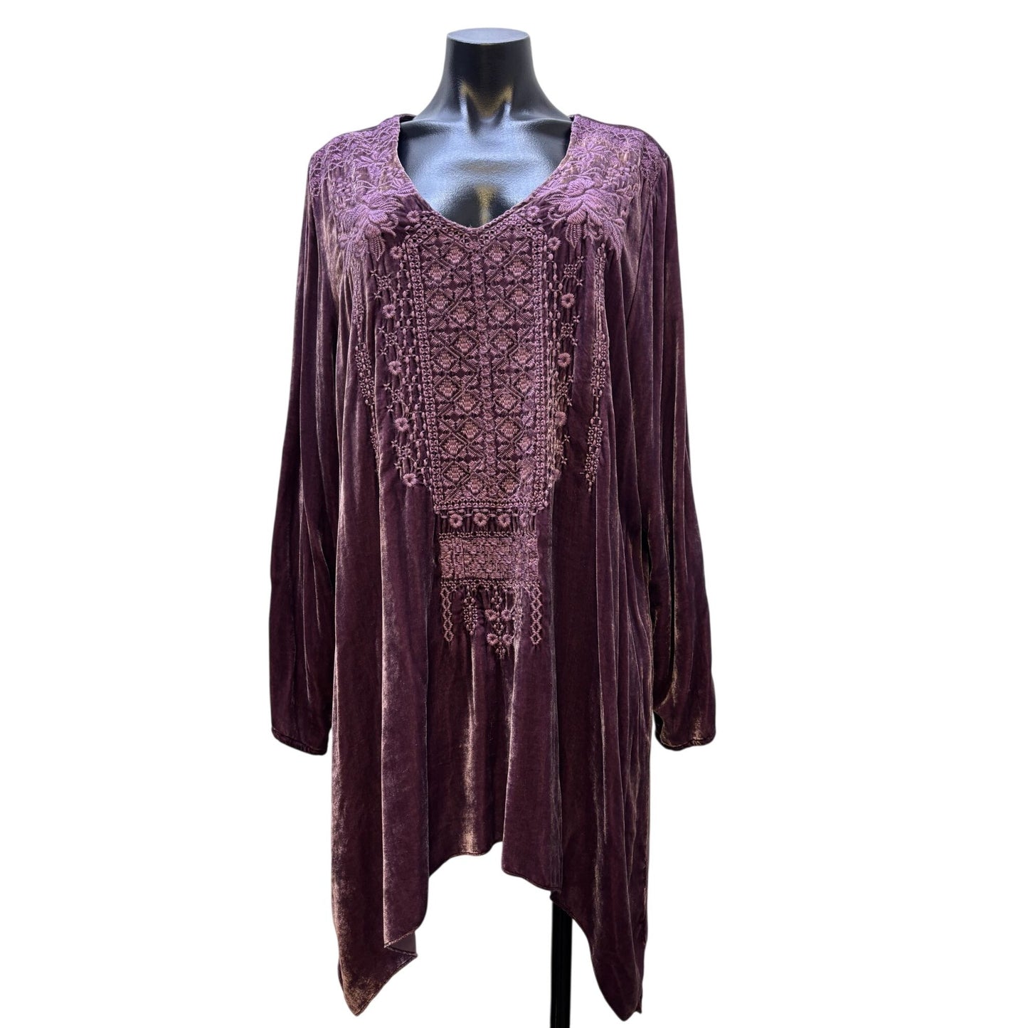 NWT Johnny Was Purple Velvet Embroidered Tunic L Sleeve V-Neck