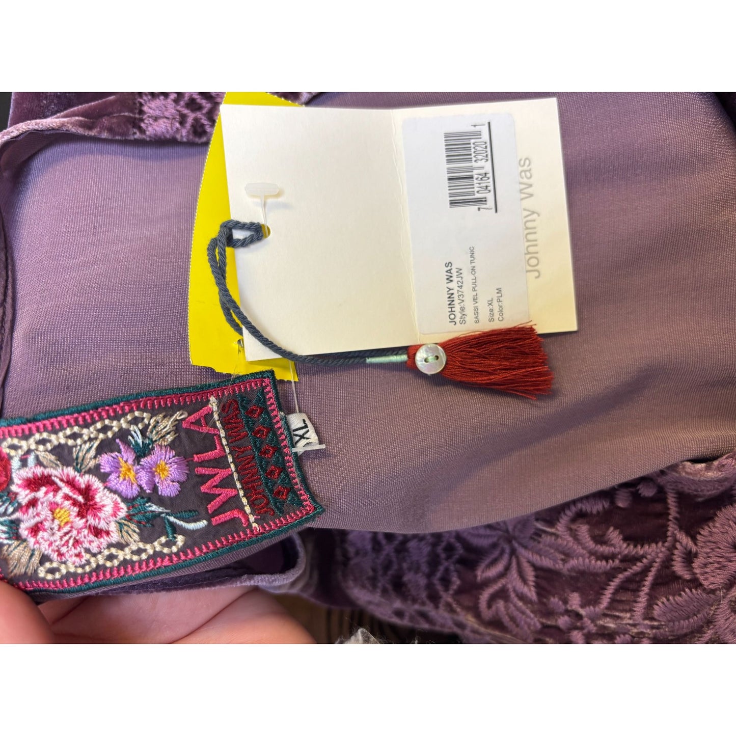 NWT Johnny Was Purple Velvet Embroidered Tunic L Sleeve V-Neck