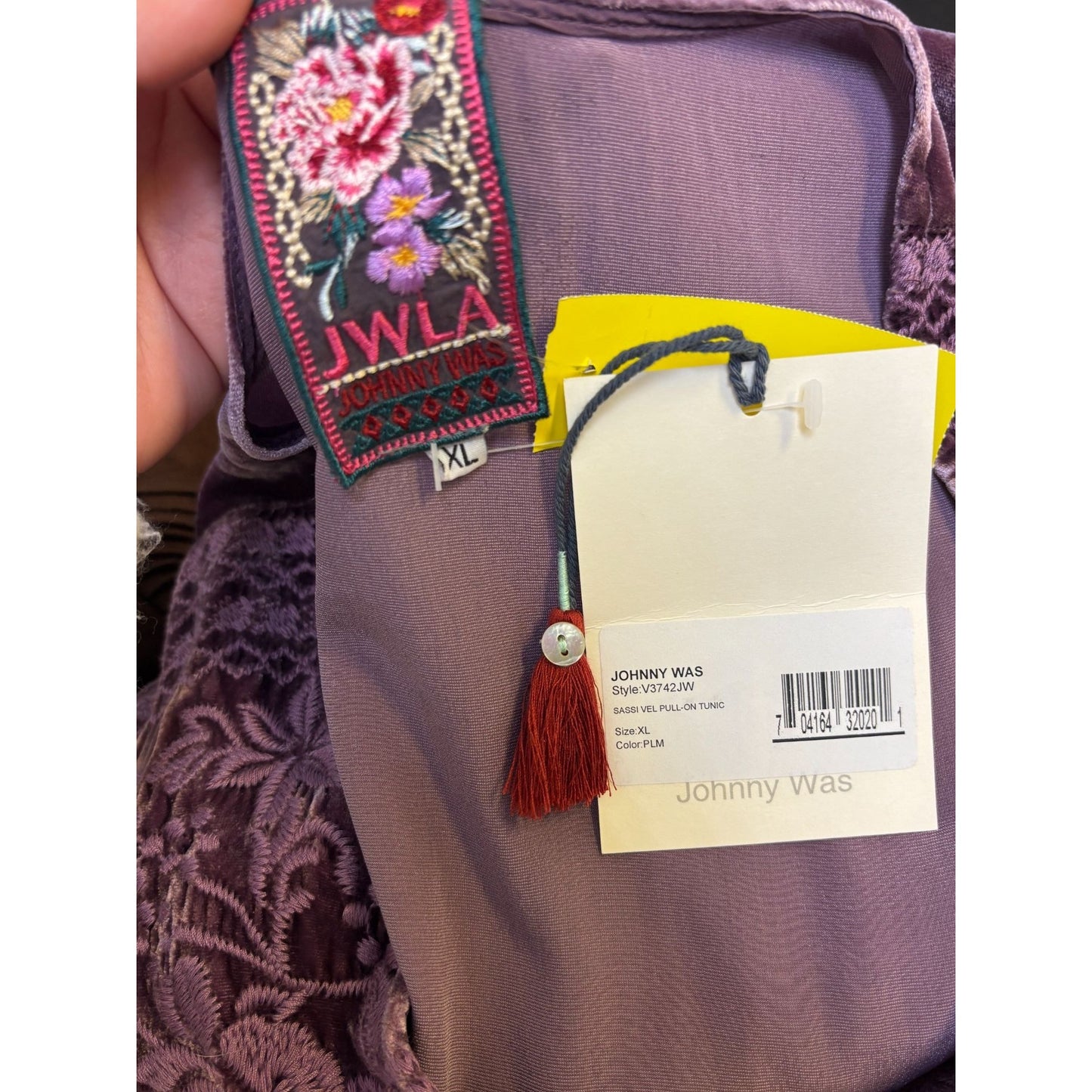 NWT Johnny Was Purple Velvet Embroidered Tunic L Sleeve V-Neck