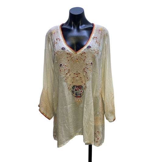 Johnny Was Boho Embroidered Tunic Beige Blouse Size XL