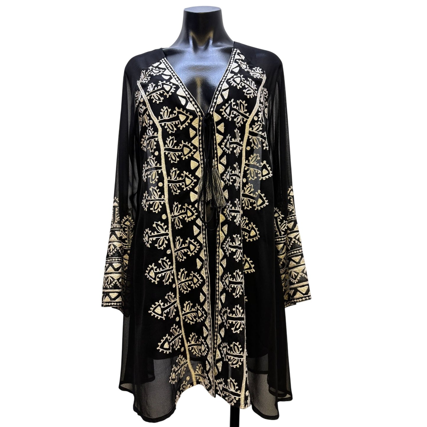 Roja Embroidered Black & Tan Sheer Duster/Swim Cover Up Tassel Closure L