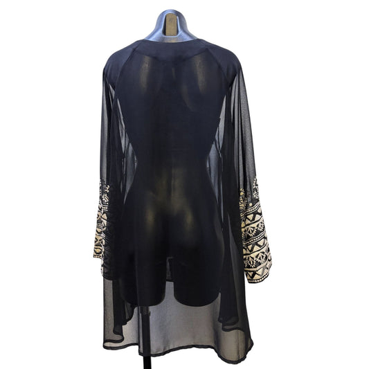Roja Embroidered Black & Tan Sheer Duster/Swim Cover Up Tassel Closure L