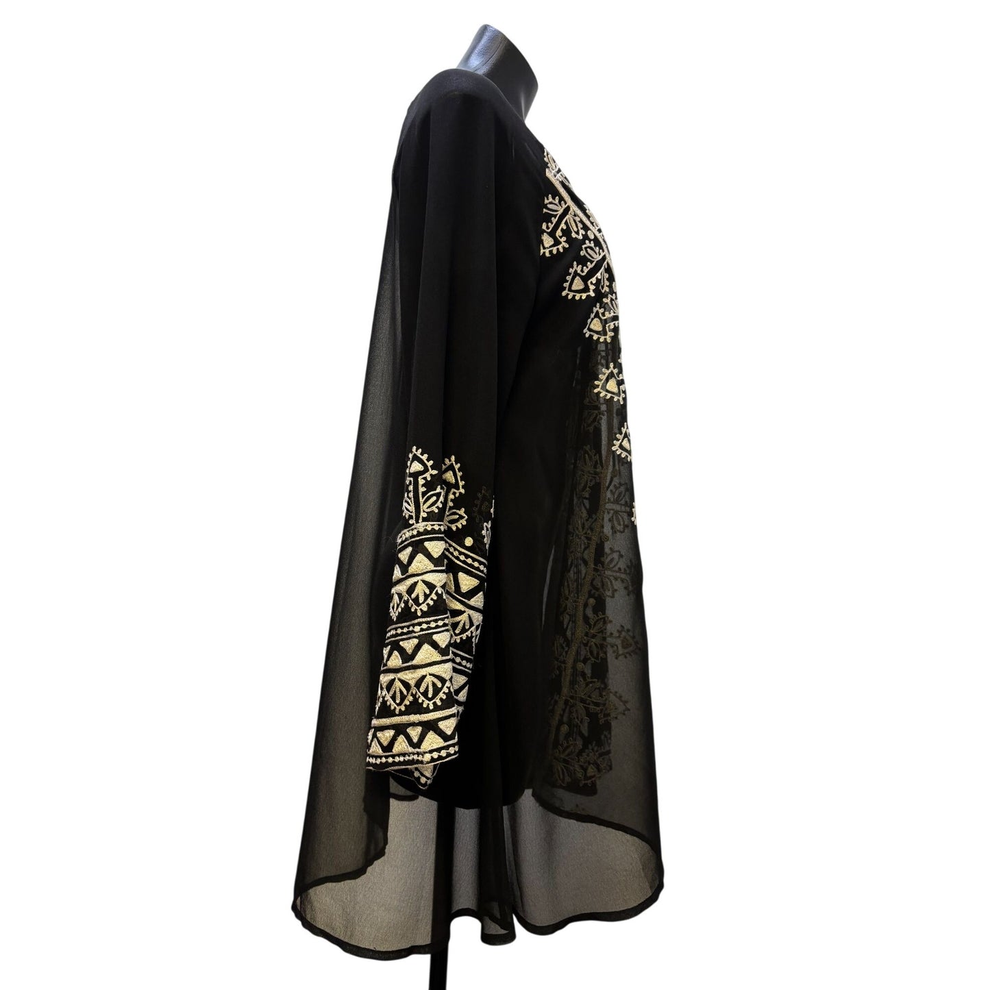 Roja Embroidered Black & Tan Sheer Duster/Swim Cover Up Tassel Closure L