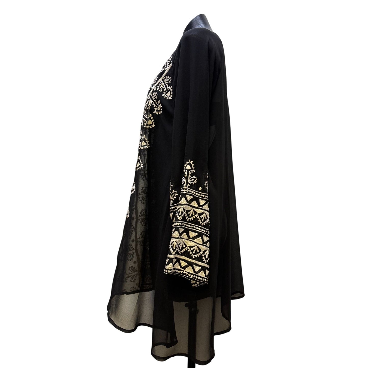 Roja Embroidered Black & Tan Sheer Duster/Swim Cover Up Tassel Closure L