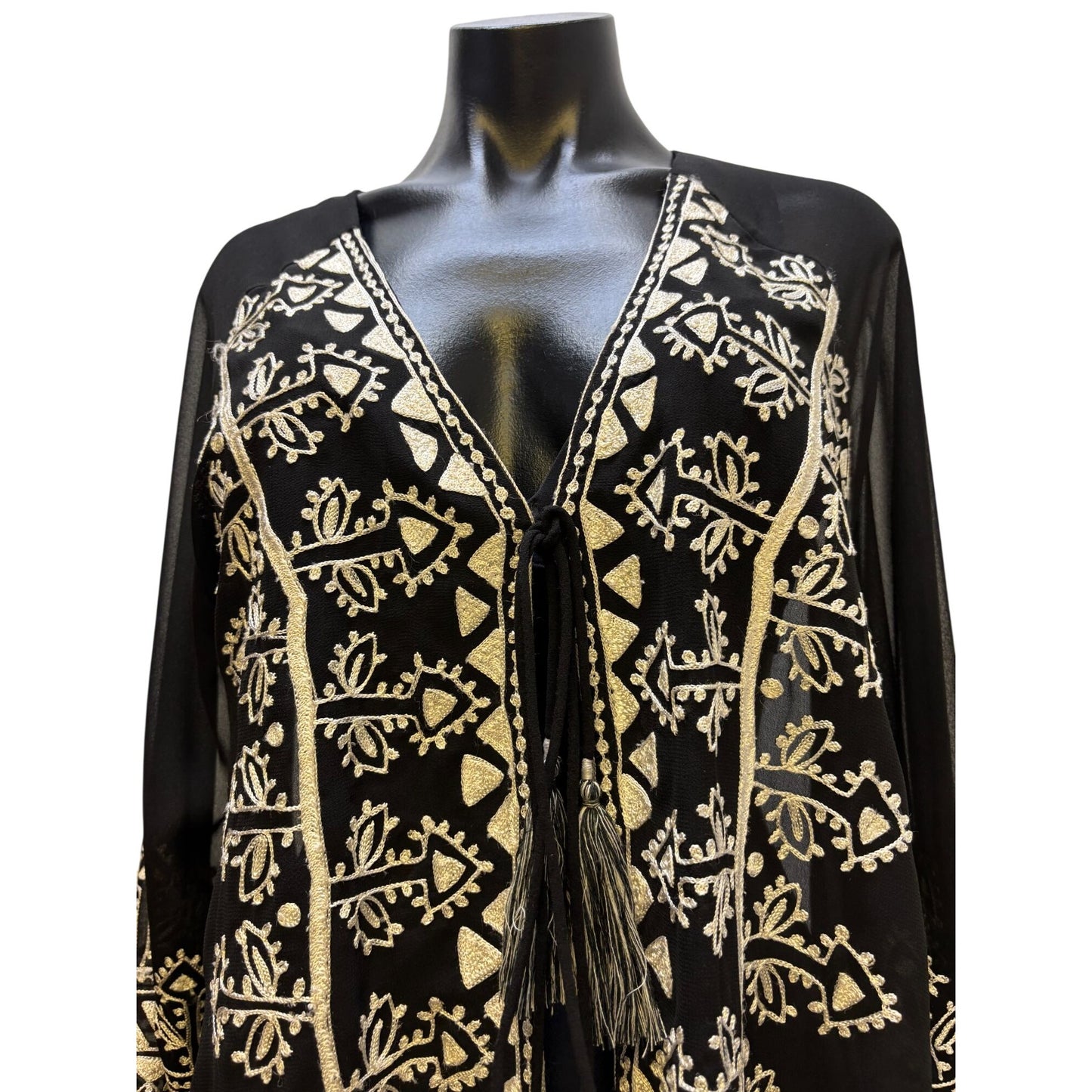 Roja Embroidered Black & Tan Sheer Duster/Swim Cover Up Tassel Closure L