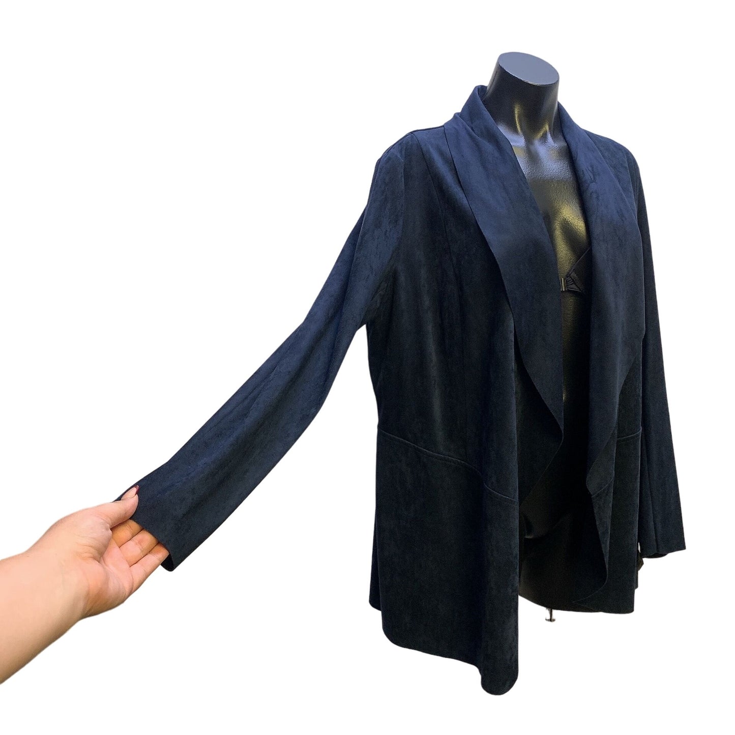 Raffinalla Womens Navy Open Front Jacket With Long Sleeves & Waterfall Lapels