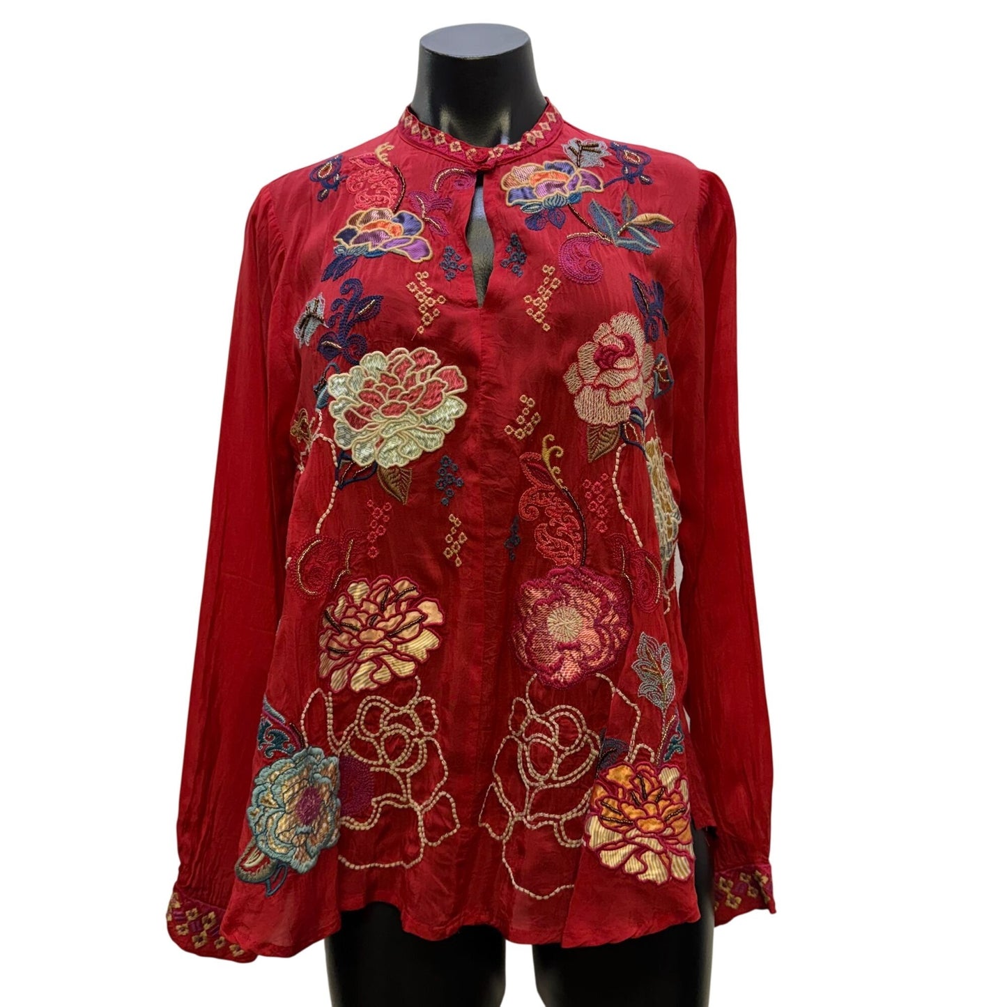 Johnny Was Red Multi Embroidered Floral Long Sleeve Blouse Size S