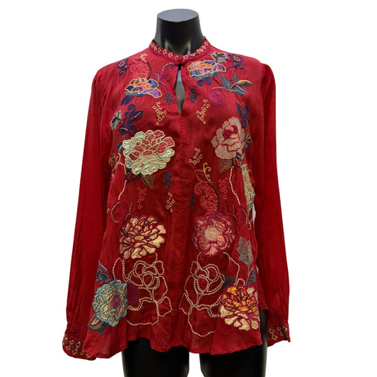 Johnny Was Red Multi Embroidered Floral Long Sleeve Blouse Size S