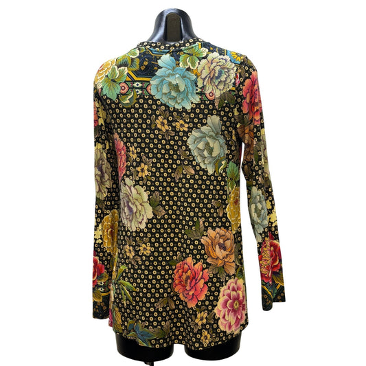 Johnny Was Floral Phoenix Printed Long Sleeve Pullover Shirt Black Multi S