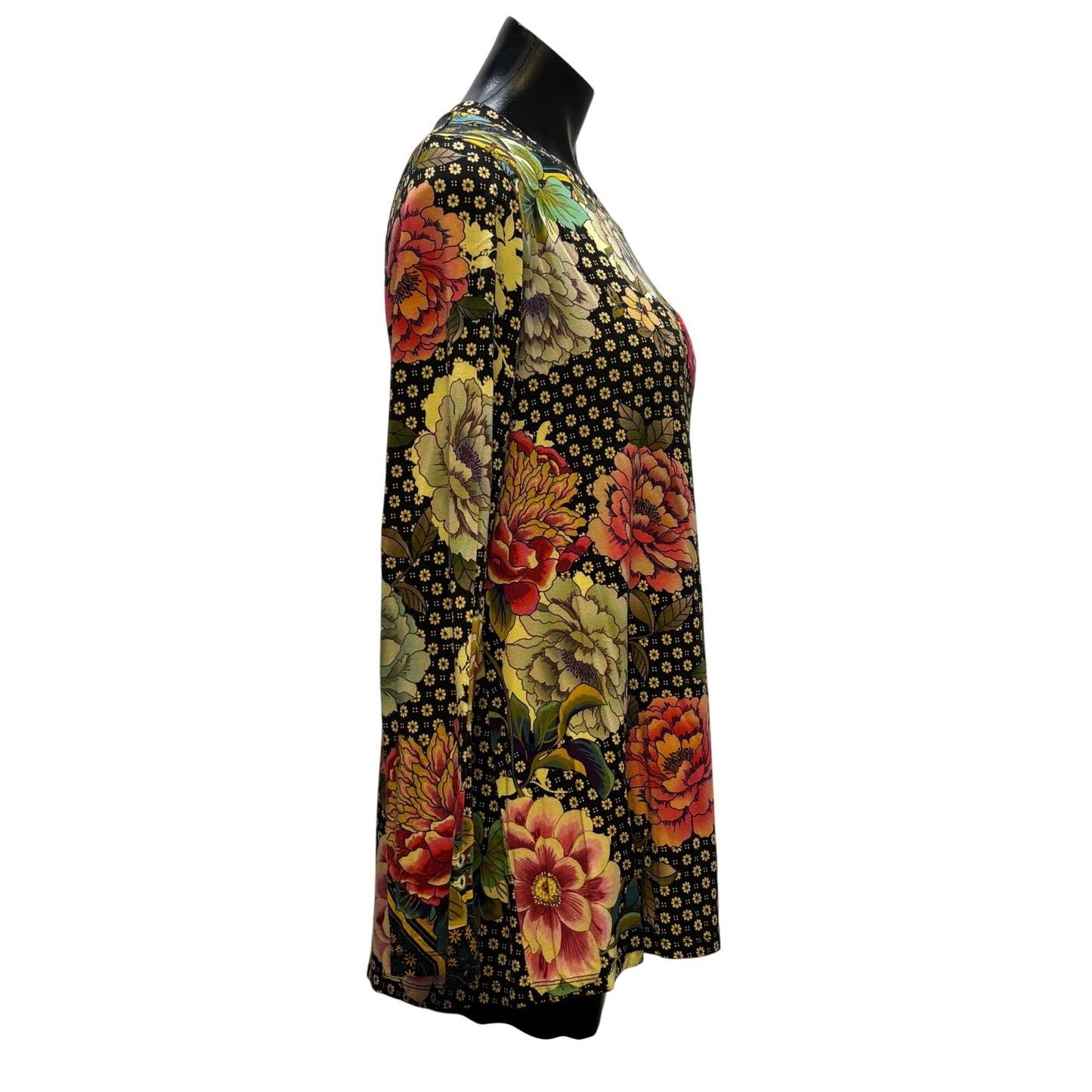 Johnny Was Floral Phoenix Printed Long Sleeve Pullover Shirt Black Multi S