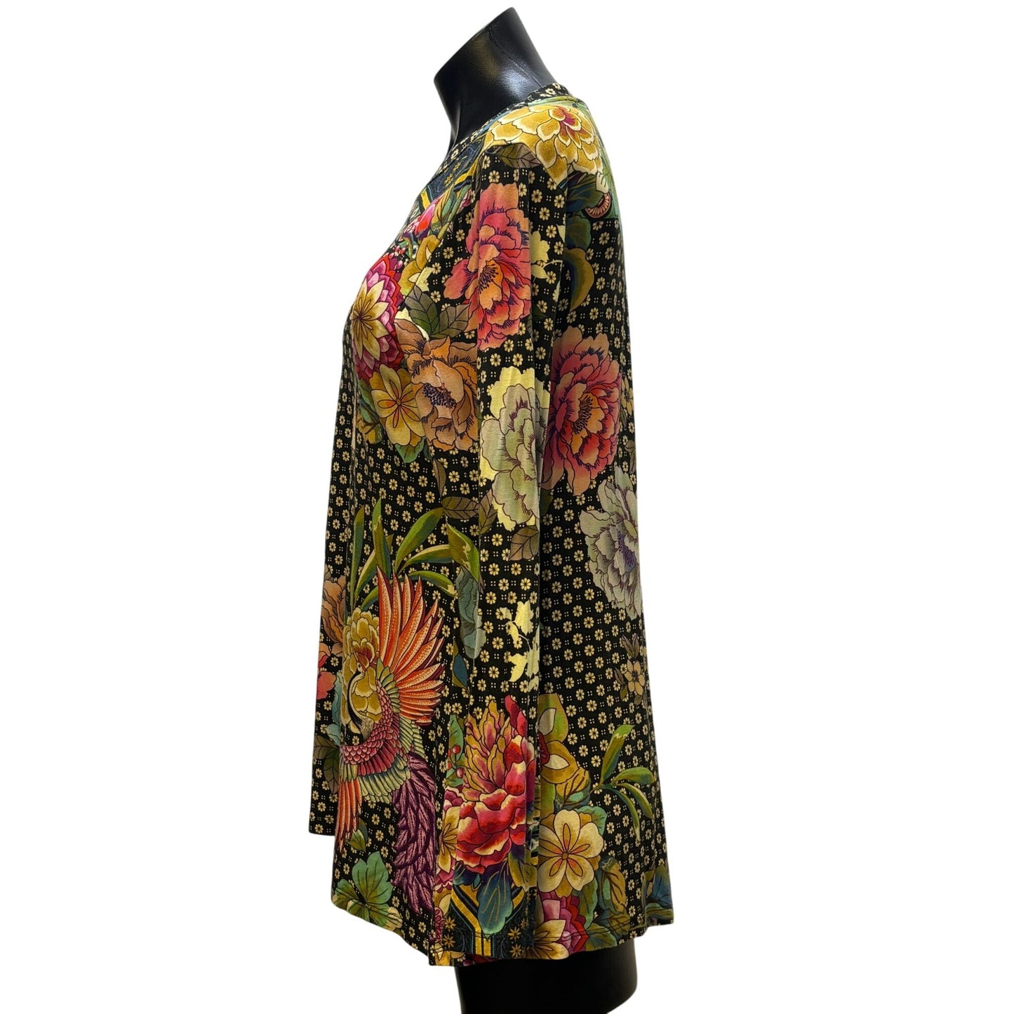 Johnny Was Floral Phoenix Printed Long Sleeve Pullover Shirt Black Multi S