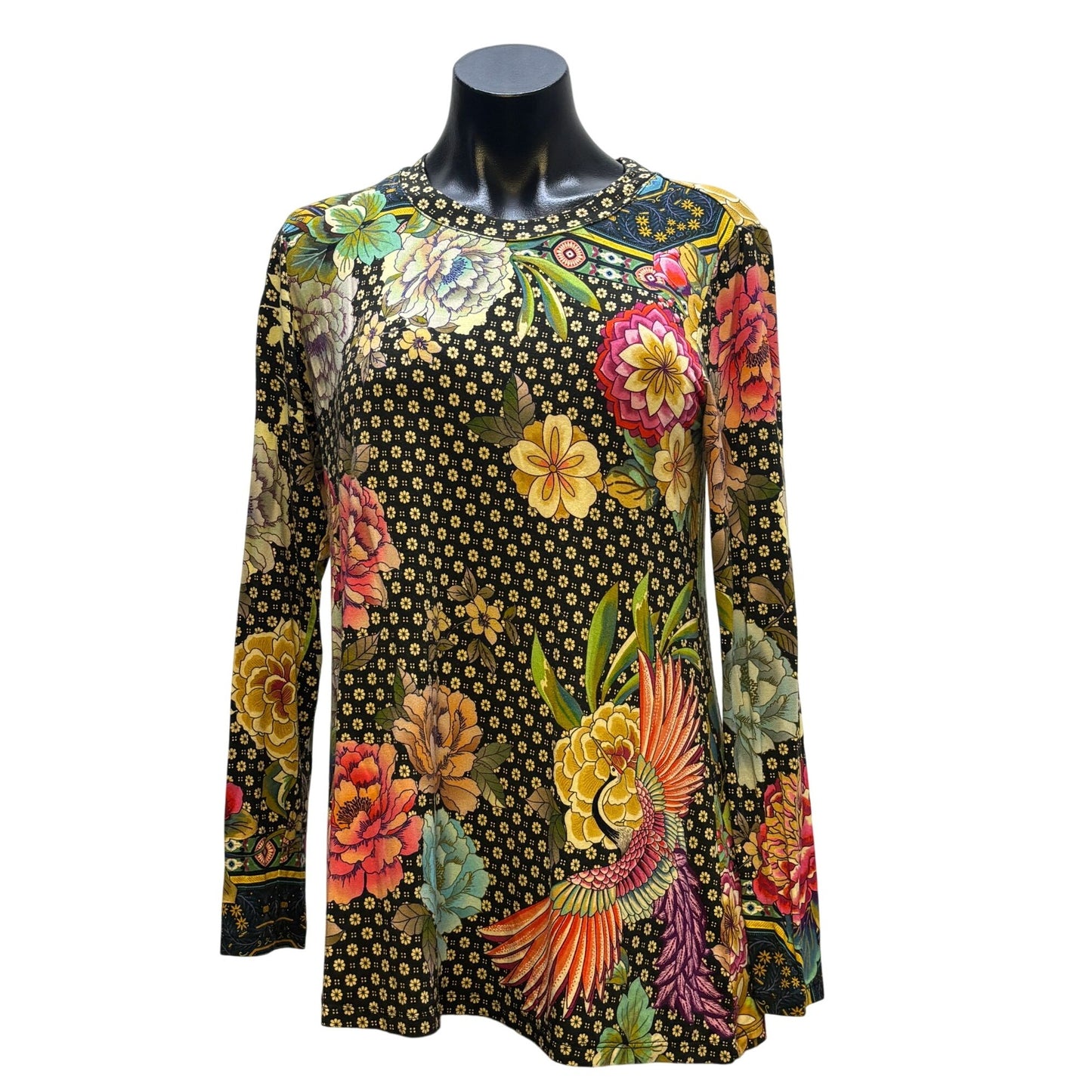 Johnny Was Floral Phoenix Printed Long Sleeve Pullover Shirt Black Multi S