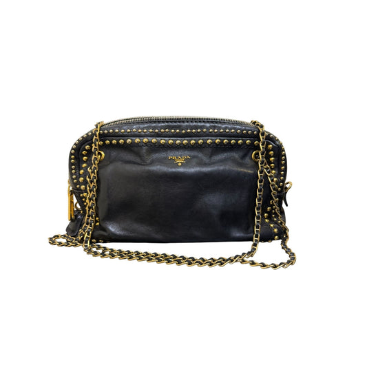 Prada Black Leather Chain Shoulder Bag With Gold Studded Detailing