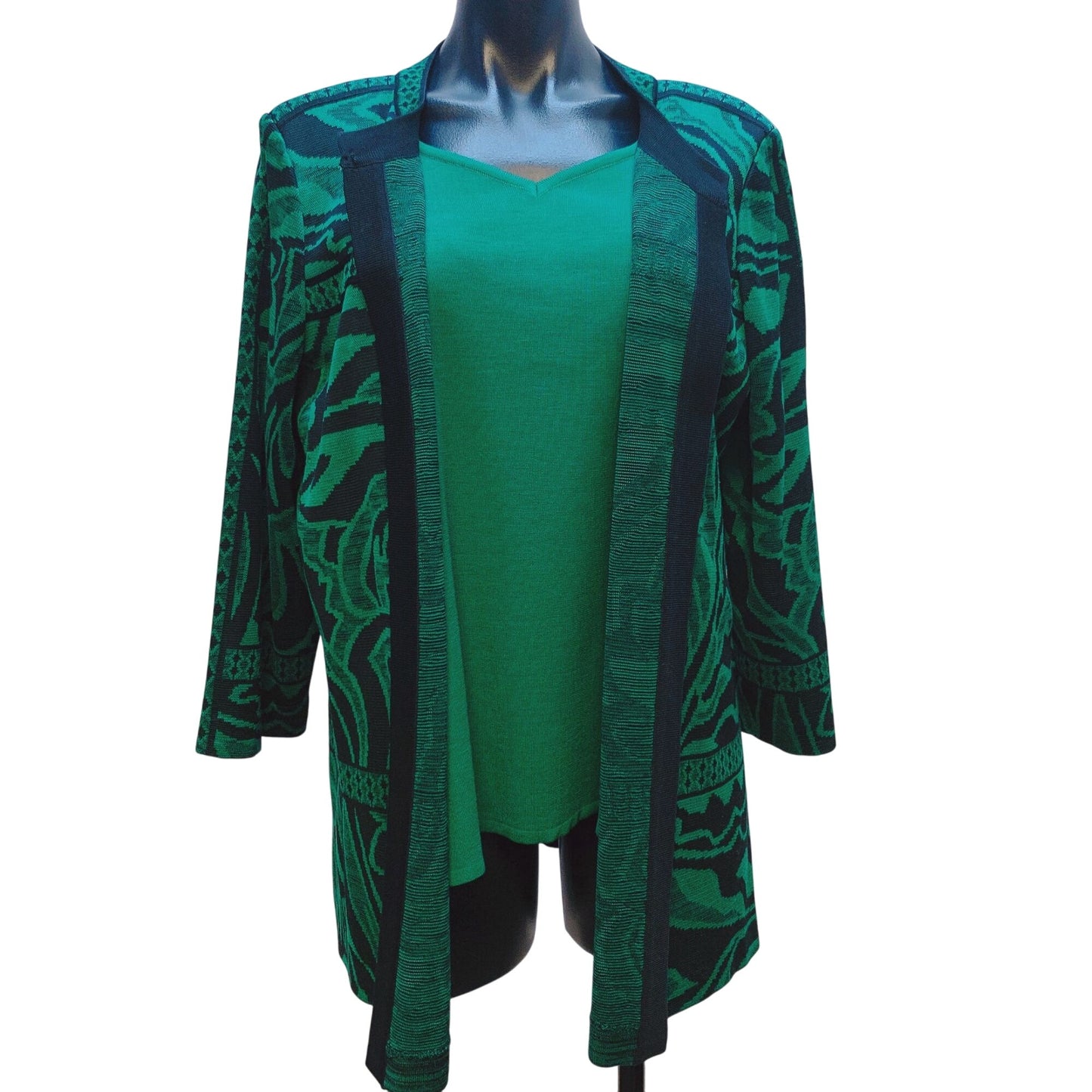 Ming Wang Green Sleeveless Top Jacket Green Floral Black Accents Size XL