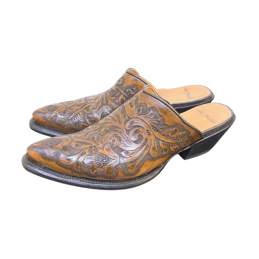 Laddy Vaquero Western Mule Clogs Women Size 8 Embossed Leather Slip-On Heels