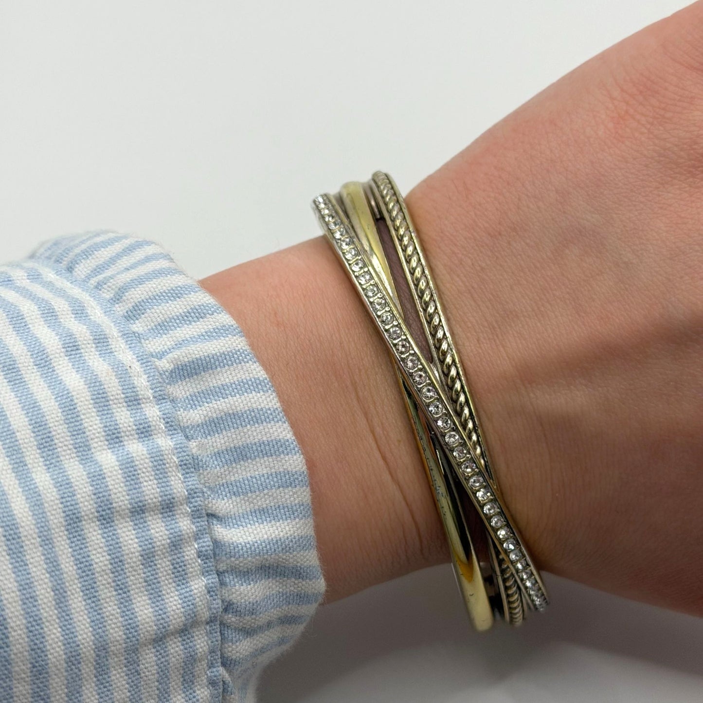 Brighton Silver Tone & Gold Tone Hinged Bangle Bracelet With Crystal Accents