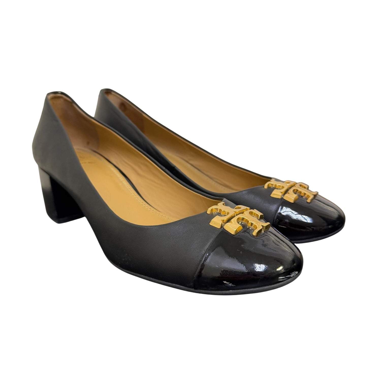 Tory Burch Black Leather Heels With Gold Logo Cap Toe Size 8.5