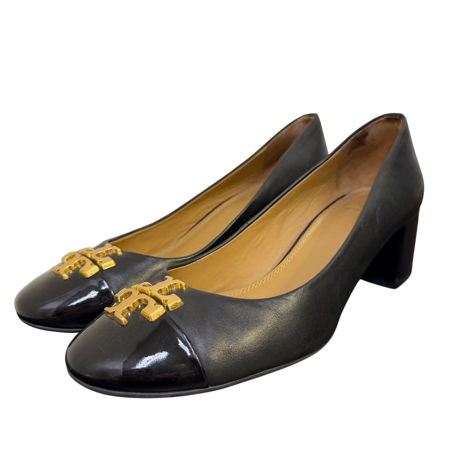 Tory Burch Black Leather Heels With Gold Logo Cap Toe Size 8.5