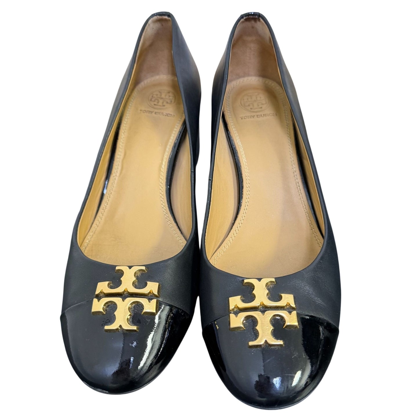 Tory Burch Black Leather Heels With Gold Logo Cap Toe Size 8.5