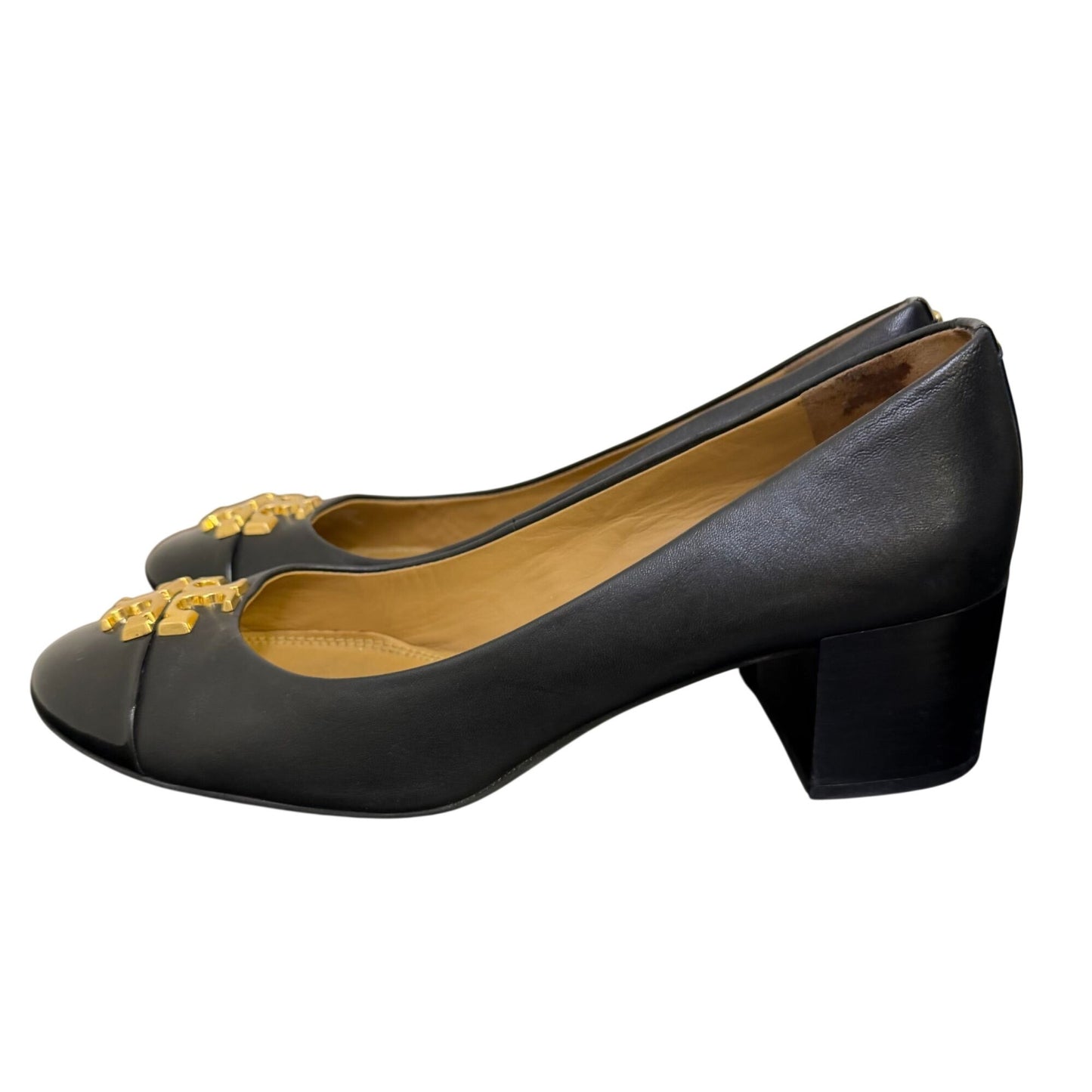 Tory Burch Black Leather Heels With Gold Logo Cap Toe Size 8.5
