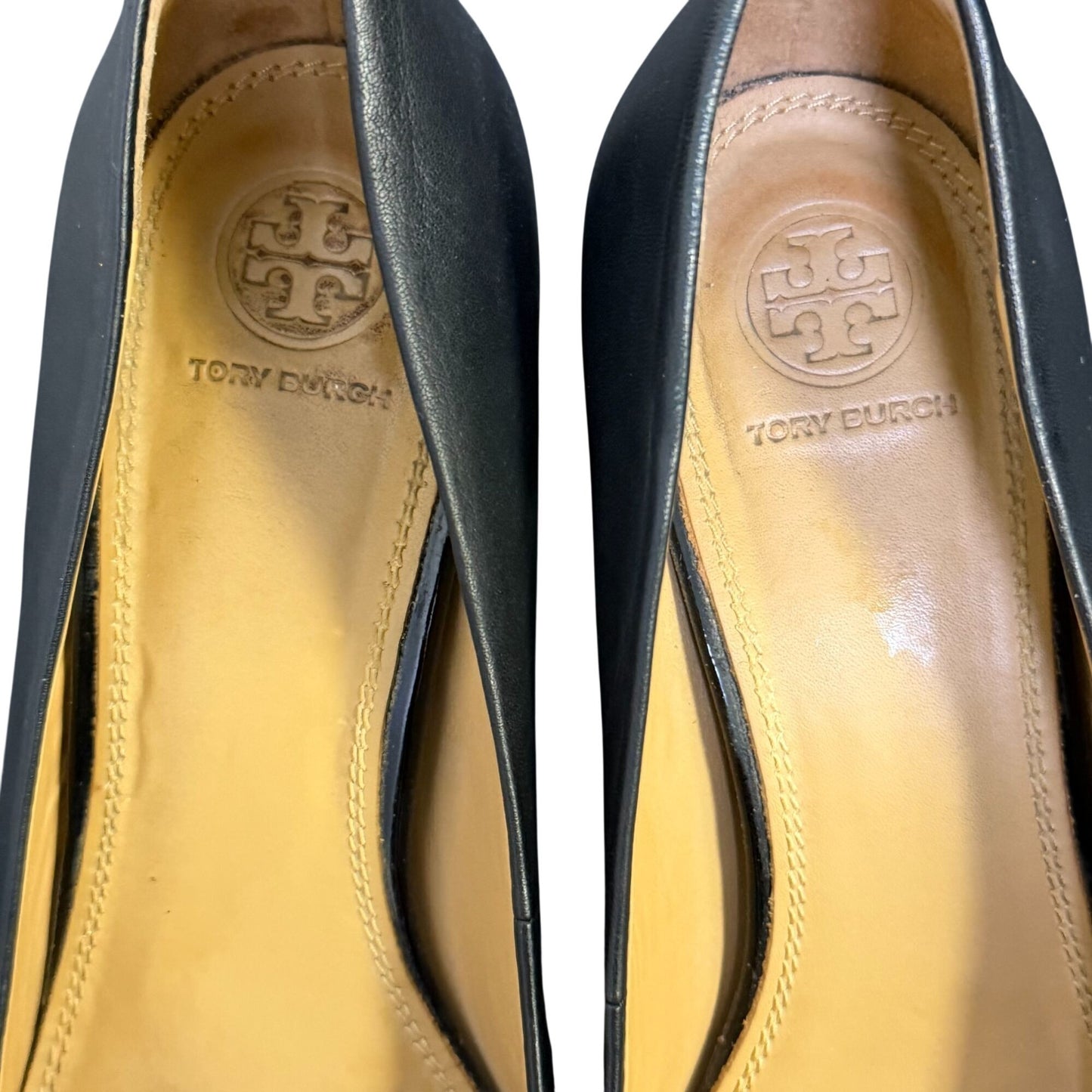 Tory Burch Black Leather Heels With Gold Logo Cap Toe Size 8.5