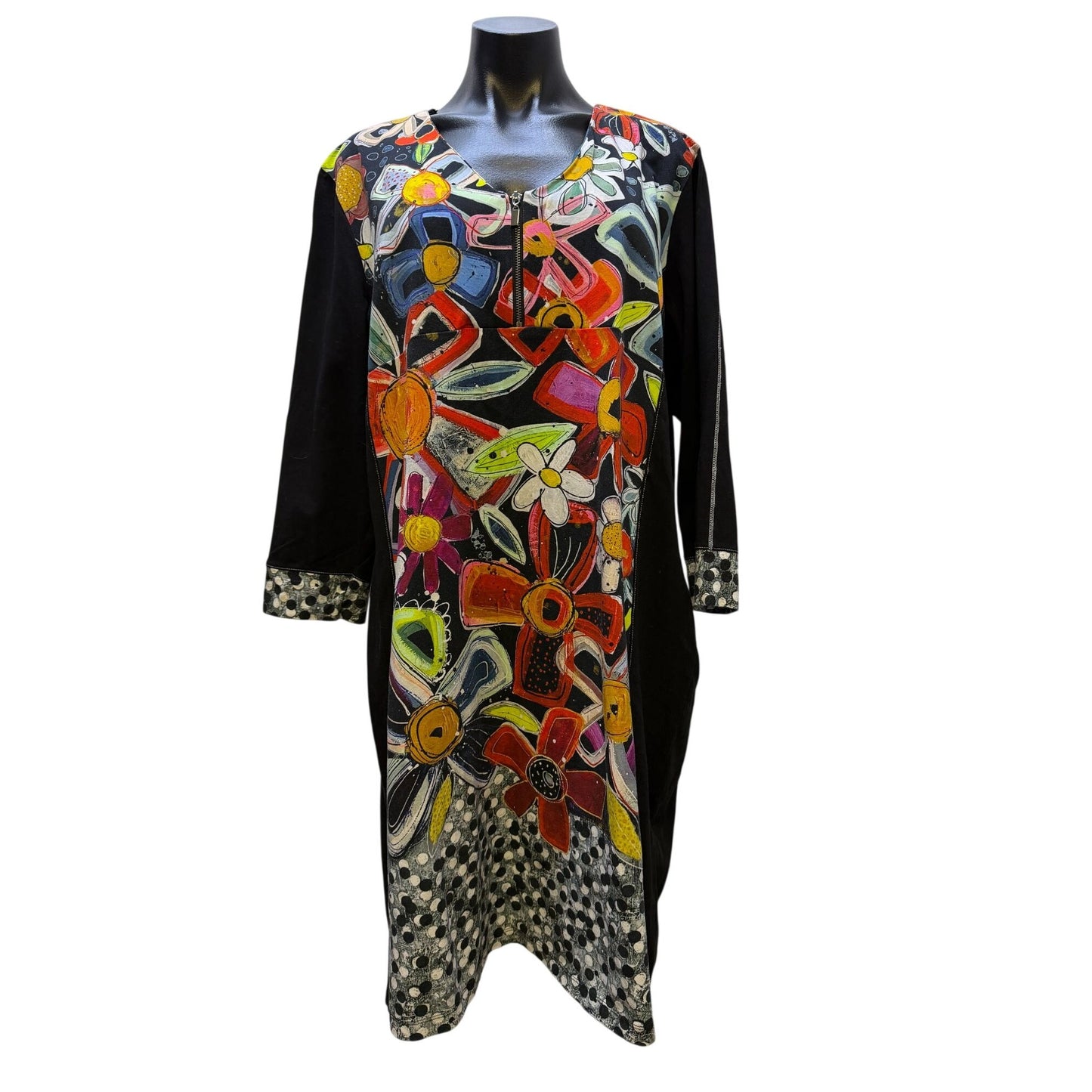 Simply Art By Dolcezza Black Multi Floral Print Dress With Front Zipper & 3/4 Sleeves XXL