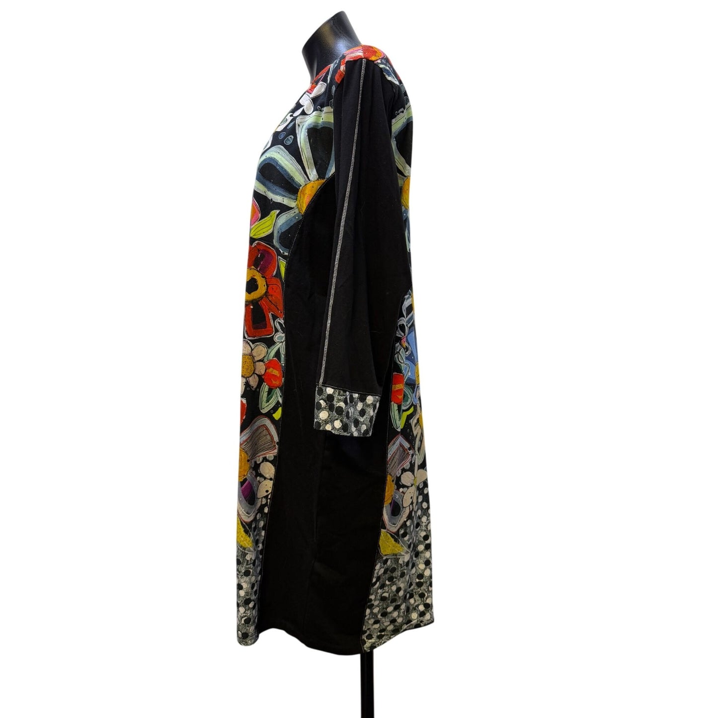 Simply Art By Dolcezza Black Multi Floral Print Dress With Front Zipper & 3/4 Sleeves XXL