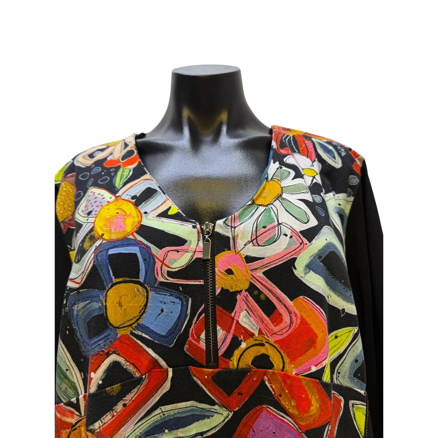 Simply Art By Dolcezza Black Multi Floral Print Dress With Front Zipper & 3/4 Sleeves XXL